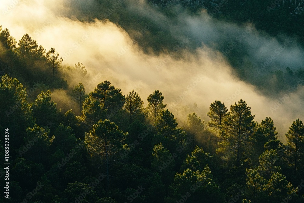 Fototapeta premium Early morning fog over a lush green valley with trees
