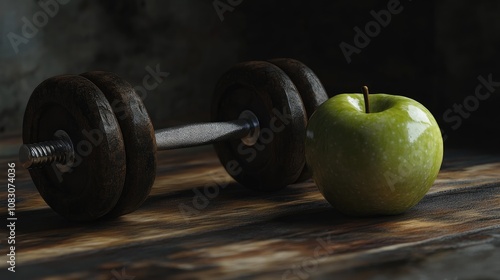 Dumbbell and green apple illustrating a healthy lifestyle emphasizing nutritious eating and physical fitness photo