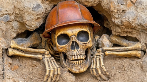 Skeleton Miner in Hard Hat Trapped Underground in a Cave, Concept of Danger in Mining Industry photo