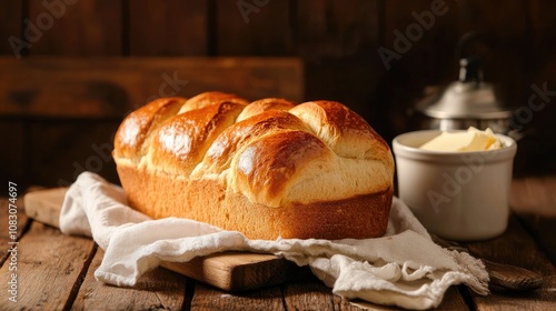 Freshly baked bread accompanied by homemade butter set against a wooden backdrop photo