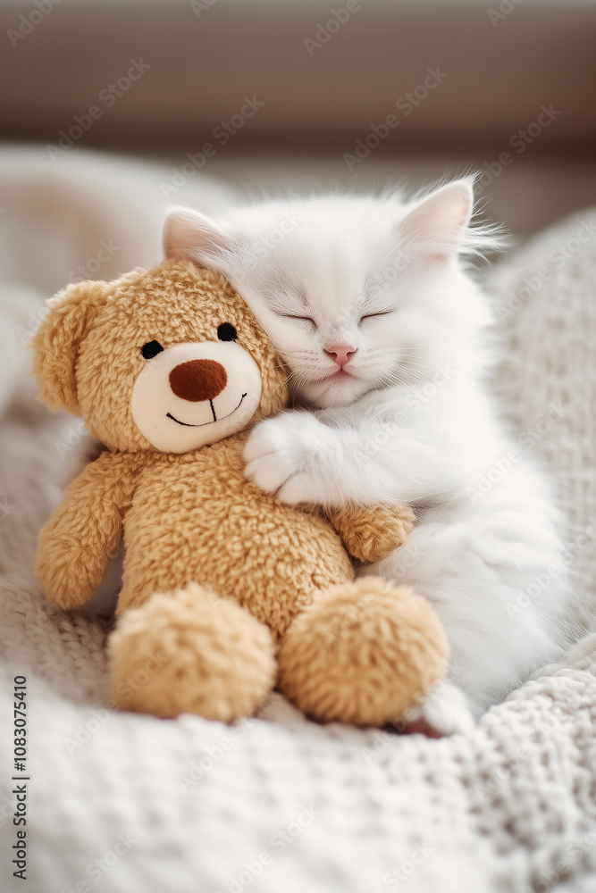 Fototapeta premium adorable baby kitten cat, holding a teddy bear doll, with a warm and cozy feel 