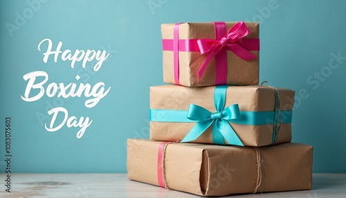 Three beautifully wrapped gifts, adorned with vibrant ribbons, stand proudly against a soothing turquoise backdrop, celebrating the joy of Boxing Day. The warm brown paper contrasts delightfully with photo