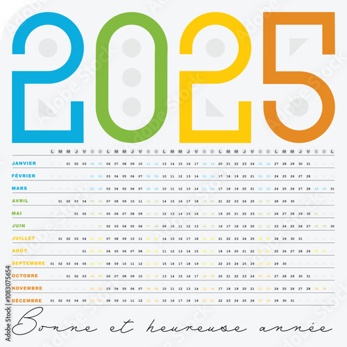 Calendrier 2025, Design creatif coloré avec Dates Horizontales