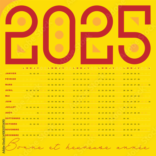 Calendrier 2025 jaune, Design creatif avec Dates Horizontales