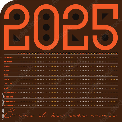 Calendrier 2025, Design creatif et Minimaliste avec Dates Horizontales, maron orange