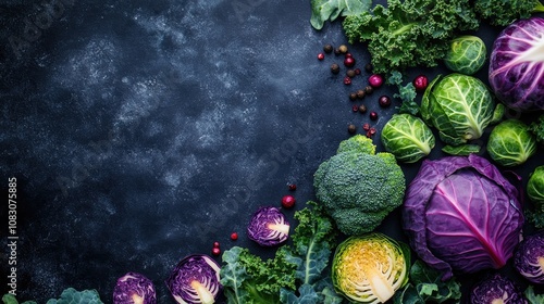 Dark backdrop featuring winter vegetables rich in antioxidants minerals and vitamins collard greens broccoli Brussels sprouts red cabbage and kale Flat lay style Food theme photo