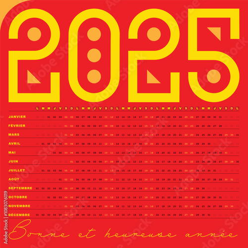 Calendrier 2025, Design creatif coloré avec Dates Horizontales
