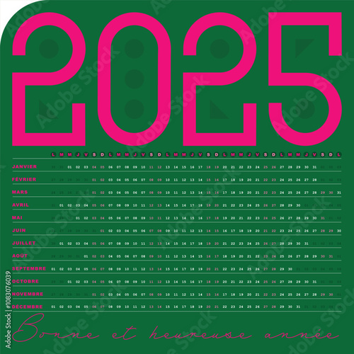 Calendrier 2025, Design creatif et Minimaliste avec Dates Horizontales, vert et rose