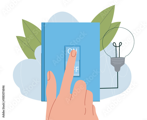 Turning off lights. Person tturns off lights in office or apartment. Caring for environment, saving electricity. Hand push at switch. Flat vector illustration isolated on white background