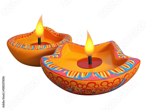 Two lit diya lamps, traditional Indian oil lamps, isolated on transparent background. Diyas decorated with colorful patterns. Lit with flames. Image used for celebration, holiday, festival, greeting, photo