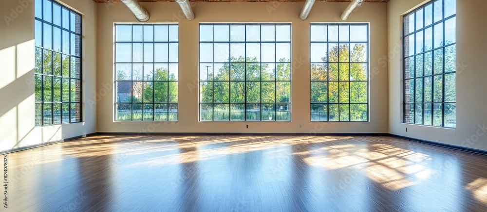 Fototapeta premium Bright empty room featuring large windows and sleek laminated flooring perfect for interior design inspiration