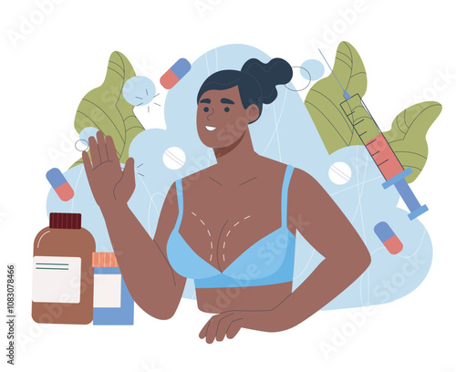 Breast enlargement concept. Woman with plastic surgery. Pills and syringe. Breast augmentation procedure. Girl with silicon implants. Flat vector illustration isolated on white background