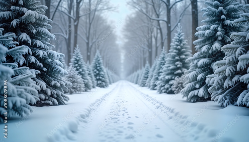 Fototapeta premium Snowy pathway through winter forest. Evergreen trees are covered with fresh snow. Footprints in snow lead towards bright and serene winter landscape. Ideal for greeting cards or social media posts.