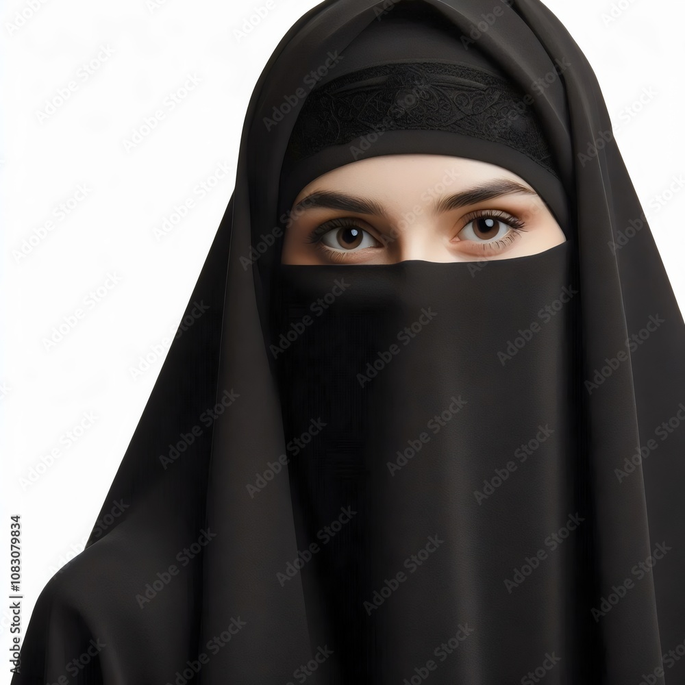 Naklejka premium woman wearing a black burqa, niqab on white background