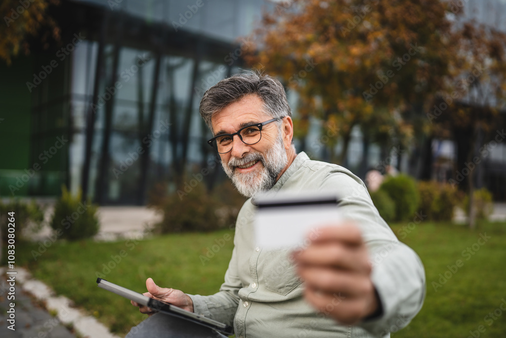 Fototapeta premium Senior man buy online on digital tablet with credit card outdoor