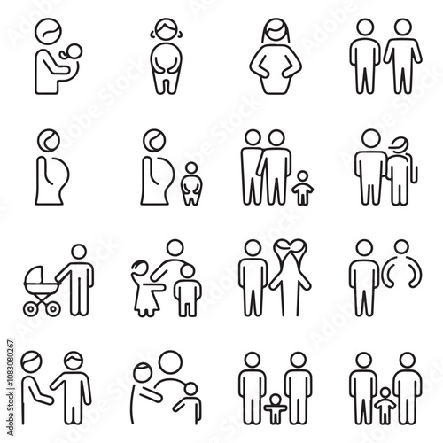 Minimalist Line-Art Family & Caregiving Icons - Parents, Children, Pregnancy, Elderly, Strollers - Monochrome Digital Illustrations for Print & Web
