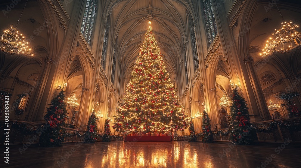 Fototapeta premium Majestic Christmas tree in a grand cathedral setting