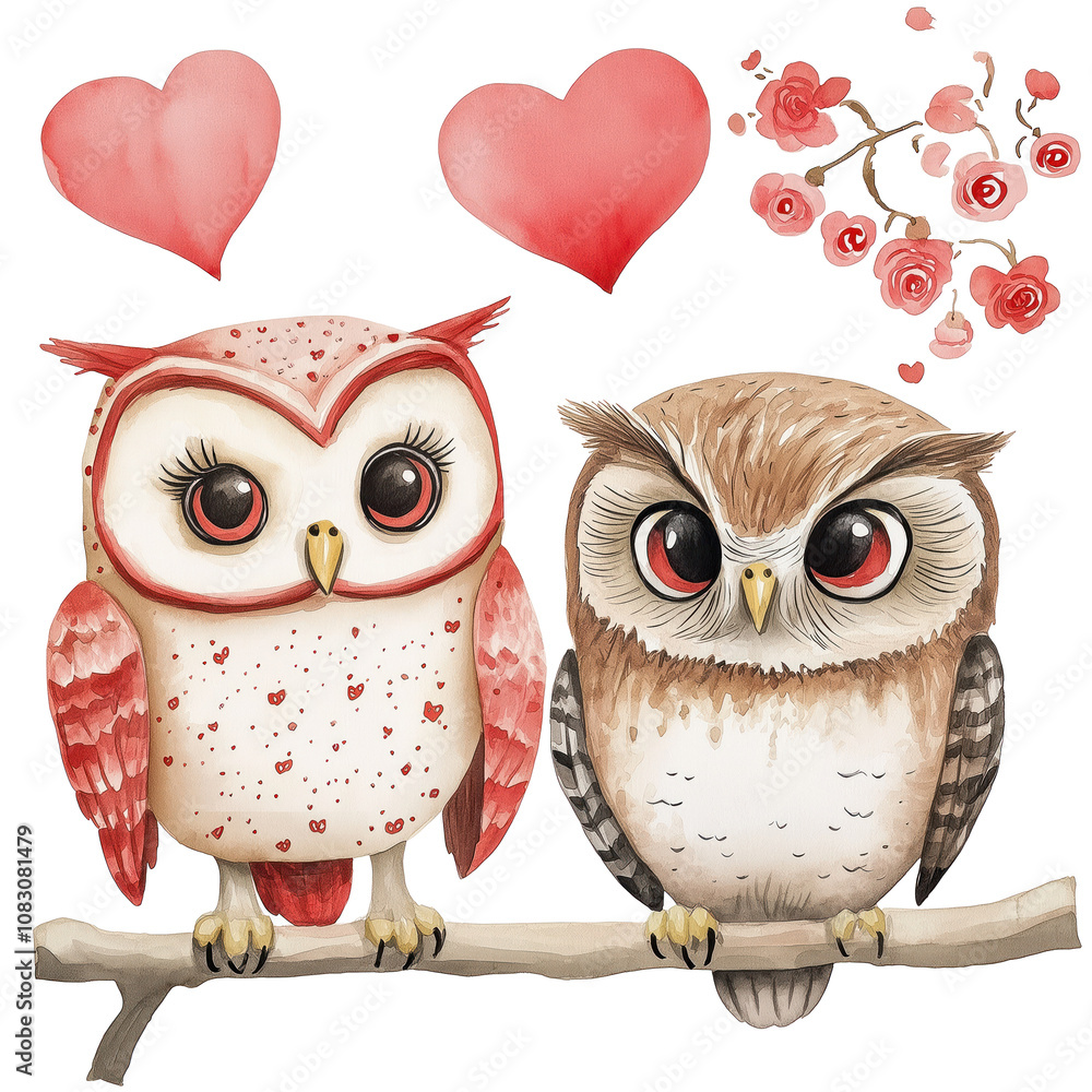 Obraz premium Two cute cartoon owls sit on branch. One owl red with hearts pattern, another brown. Look at. Above two big red hearts, pink flowers. Watercolor illustration for Valentine Day card. Transparent png.
