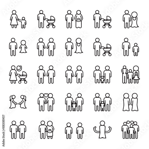 Minimalist Line-Art Family & Caregiving Icons - Parents, Children, Pregnancy, Elderly, Strollers - Monochrome Digital Illustrations for Print & Web