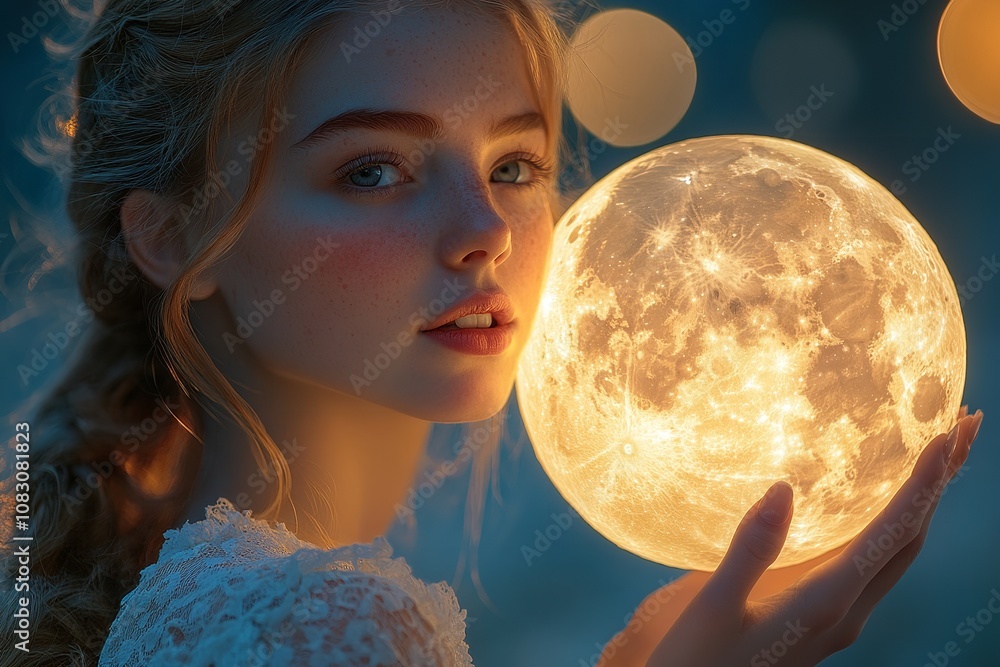 Naklejka premium Enchanting girl with a glowing moon, surreal dreamy atmosphere