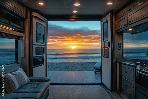 Rv backdoors open to reveal sunset over ocean, lifestyle perspective. photo