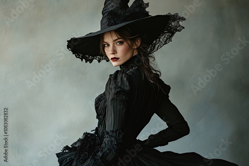 Sophisticated witch in tailored black ensemble with subtle mystical elements. photo