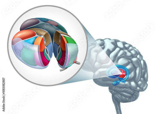 Thalamus Brain Anatomy concept as part of the diencephalon related to sensory and motor signals in the nervous system with multiple nuclei or neurons photo