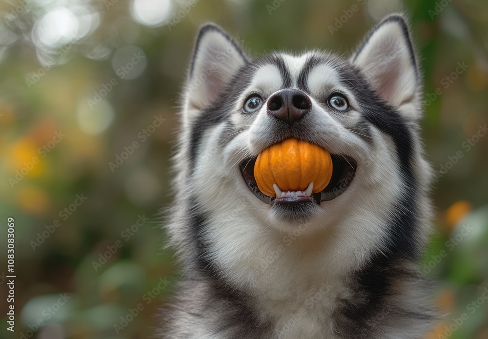 Obraz premium Here's a description and keywords for the image.. Husky dog holding small pumpkin.