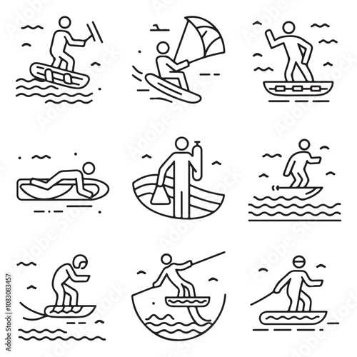 Vector Line Icons Set of Water Sports: Minimalist Designs for SUP Boarding, Jet Skiing, Windsurfing, Kayaking, Parasailing & Water Biking