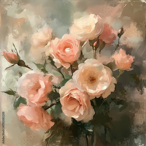 Oil Painting of a Bouquet of Peach-Colored Roses