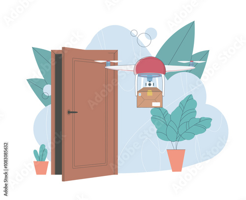 Drone delivers package. Helicopter with cardboard box. Logistics and transportation, shipping. Modern technology and innovation. Flat vector illustration isolated on white background