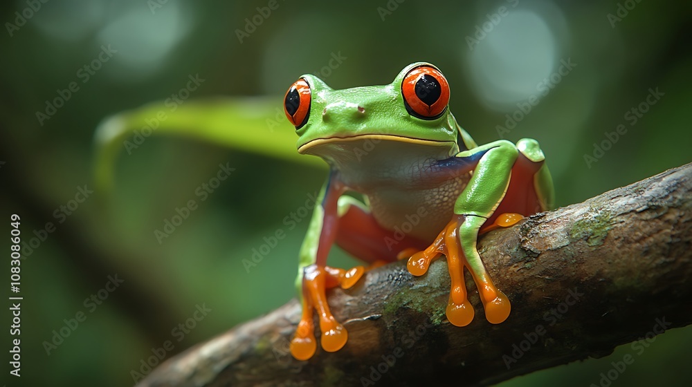 Obraz premium Agalychnis gliding tree frog displayed on vibrant leaves in habitat.
