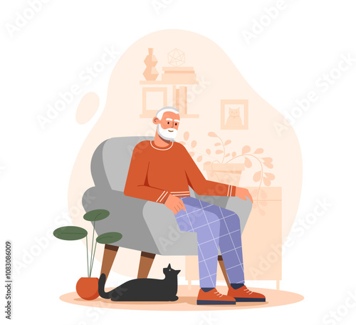 Elderly man at home. Old man sitting in comfortable chair with cat. Comfort and coziness in apartment. Pensioner resting indoors. Flat vector illustration isolated on white background