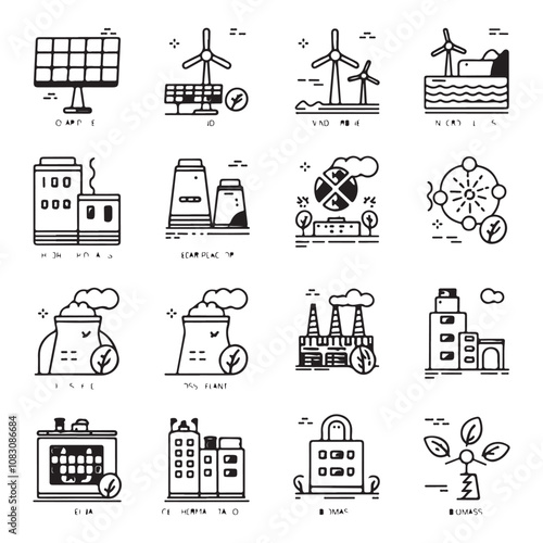 Energy Source Icons Set - Solar, Wind, Hydro, Nuclear, Fossil Fuel, Geothermal & Biomass - Flat Vector Line Icons for Infographics & Educational Materials
