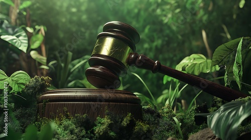 Green earth globe and gavel representing global law and sustainability. photo