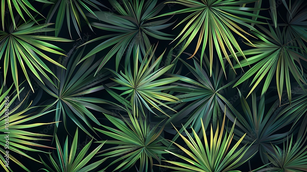 Fototapeta premium A vibrant pattern of tropical leaves in various shades of green against a dark background.
