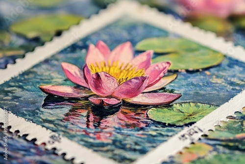 Monet s water lilies stamp Renowned art remix Claude Monet classic Vintage painting illustration Water lilies artwork Collectible postage ephemera