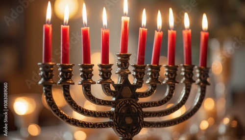 A beautifully crafted menorah stands tall, adorned with vibrant red candles, each flickering flame casting a warm glow in the softly lit room. The intricate details of the menorah's design shine photo