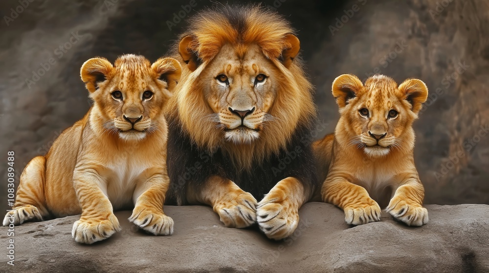 Obraz premium Majestic Male Lion with Two Adorable Cubs Posing on a Rocky Terrain, Wildlife Family Portrait.