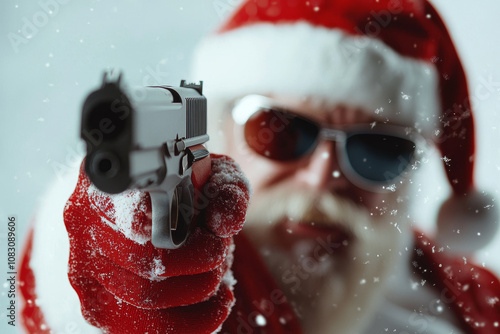 Santa Claus with Handgun in Snowy Christmas Scene..