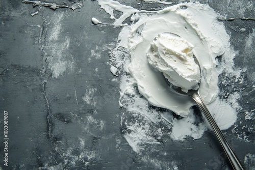 Spoon lifting yogurt against gray backdrop photo