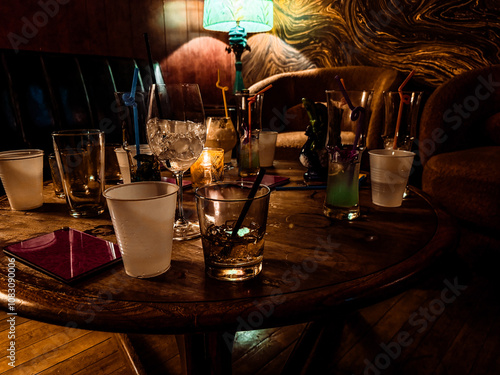 Photography Scattered glasses and empty drinks on a bar table after a party