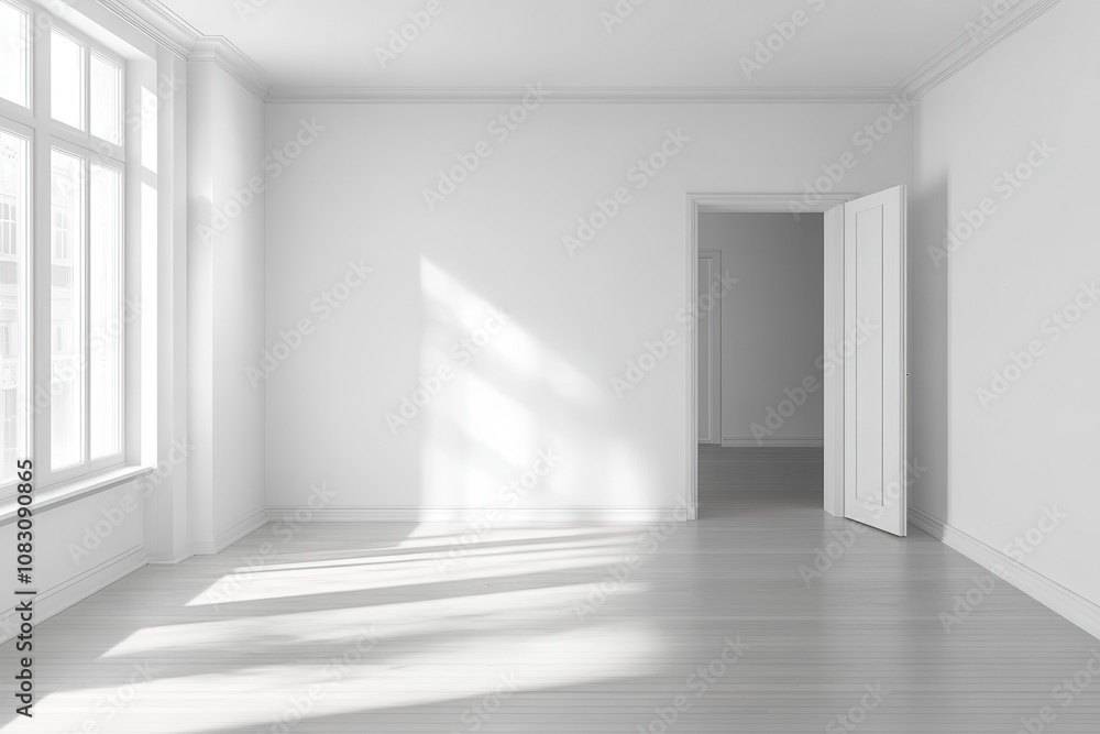 Fototapeta premium White wall background simple living room decor featuring a TV unit