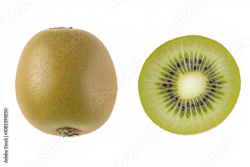 Whole and half ripe kiwi on white background