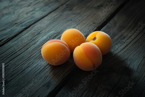 apricots on a dark wooden table, shot from a low angle with soft lighting.... photo