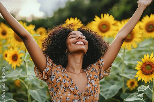 A beautiful mixed-race woman with her arms raised in joy, standing amidst... photo