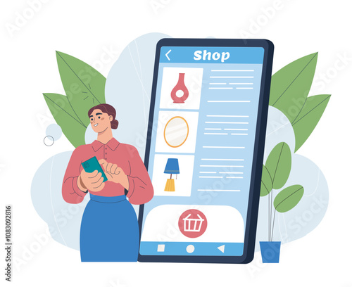 Furniture online store. Woman with smartphone buys mirror and lamp. Online shopping and home delivery. Electronic commerce and retail. Flat vector illustration isolated on white background