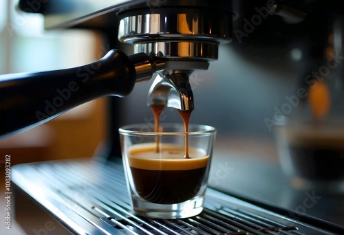 An inshot of an espresso machine brewing a shot of espresso into a glass cup, with the metal portafilter and group head visible photo