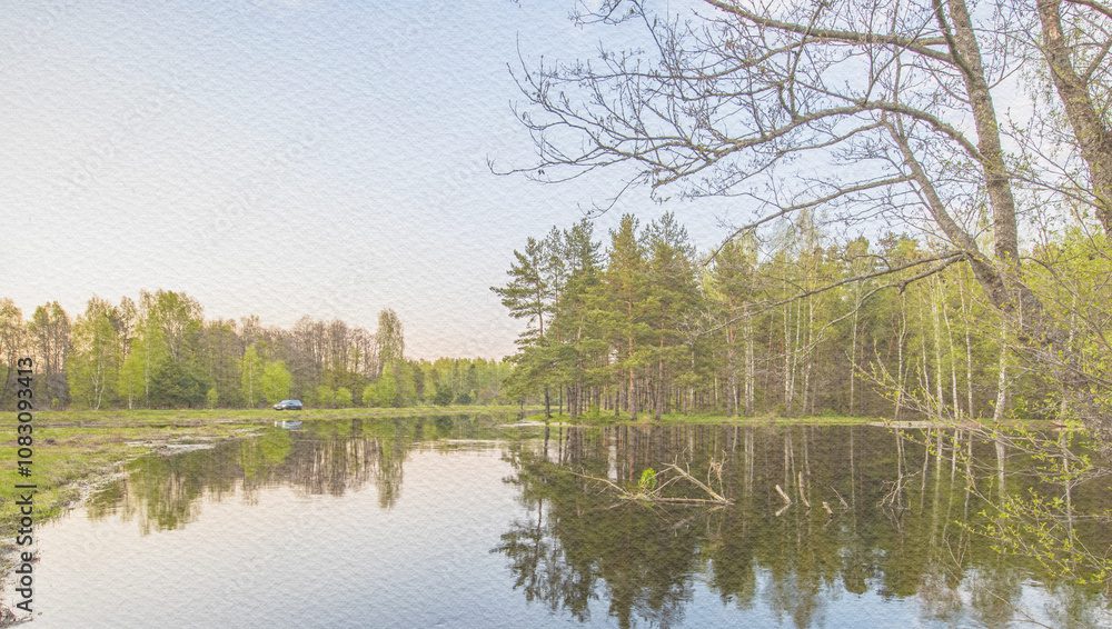 Obraz premium Calm lake with a car parked on the shore