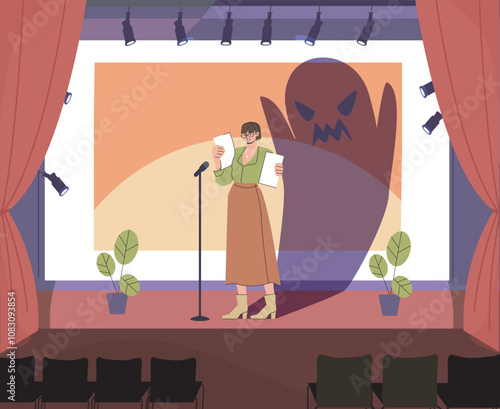 Woman with social phobia. Frightened young girl stands on stage. Negative feelings and emotions, frustration and depression. Person with psychological trauma. Flat vector illustration